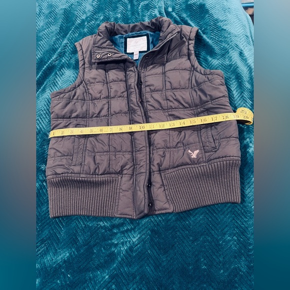 AEO Brown Quilted Cottagecore Puffer Vest Teal Satin Lining Size L - Picture 4 of 8